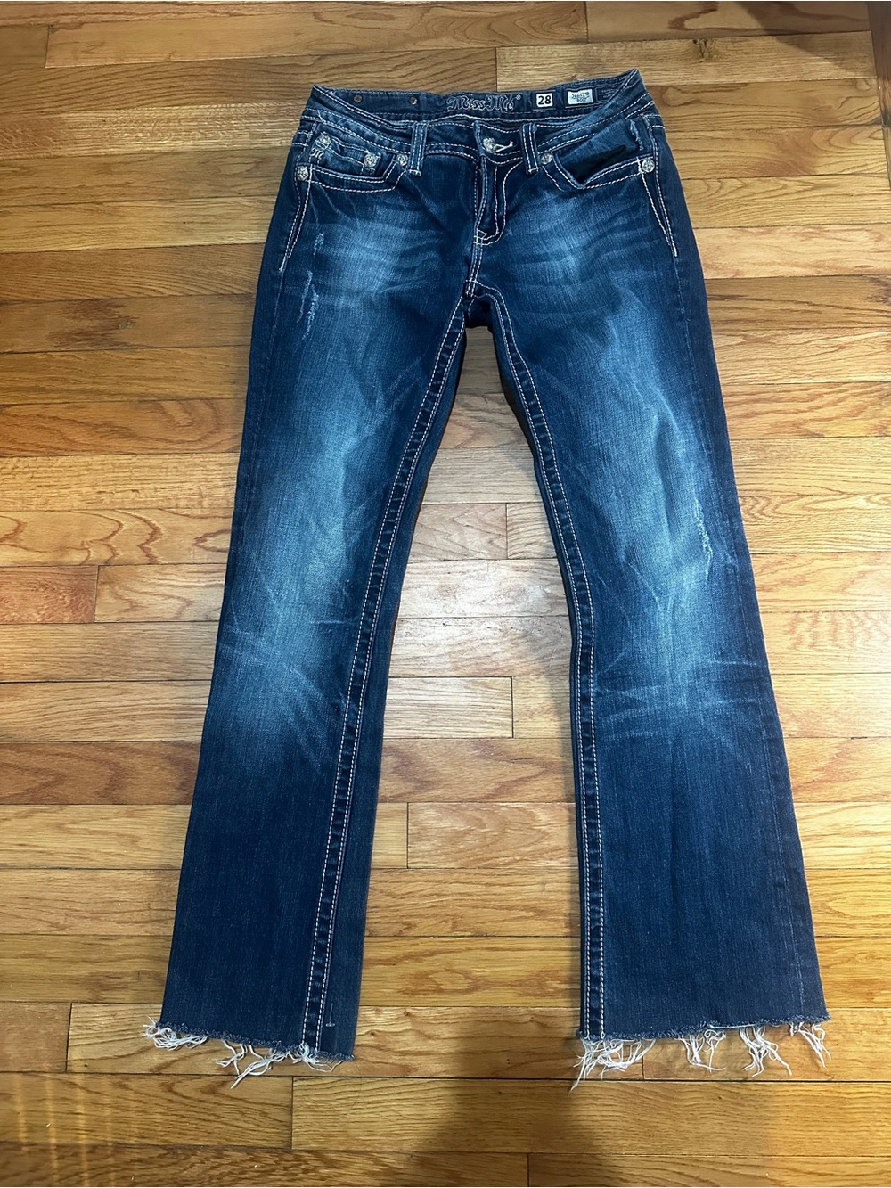 Miss Me‎ Y2K Low Rise Bootcut Jeans Raw Hem Embellished Cross Studs Bling 28
